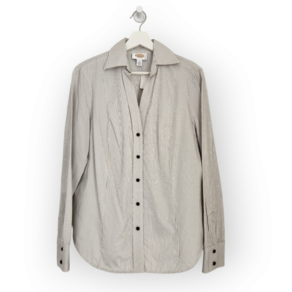 Vintage Talbots White Dark Gray Pinstripe V Neck Button Down Shirt 18 - Picture 1 of 8